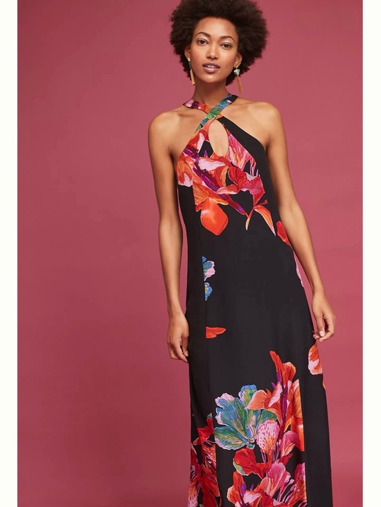 Maeve Dresses & Skirts - MAEVE 100% Silk Halter Neck Floral Flowy Dress Slinky